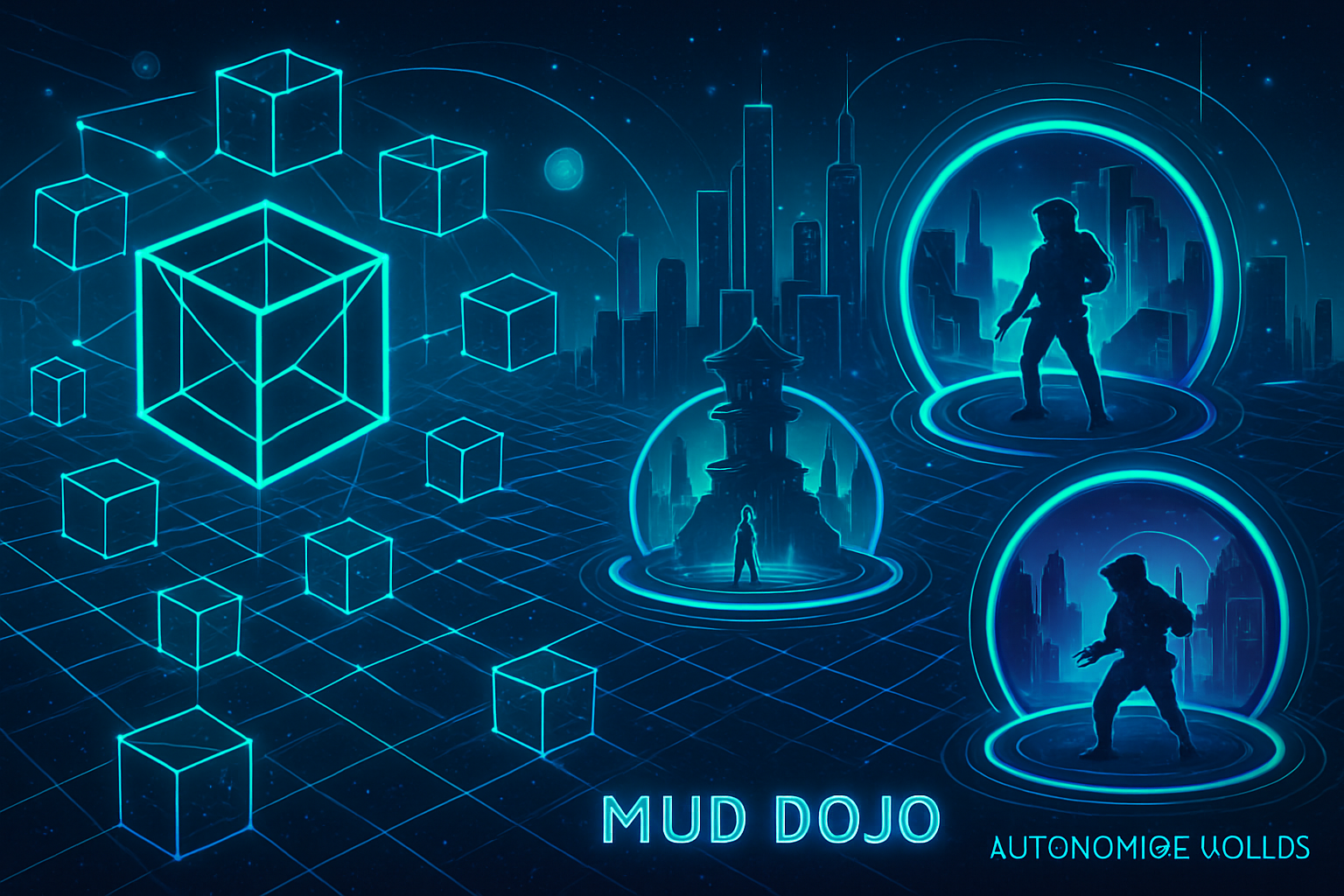 Futuristic digital world with interconnected blockchain nodes symbolizing autonomous gaming worlds powered by MUD and Dojo engines