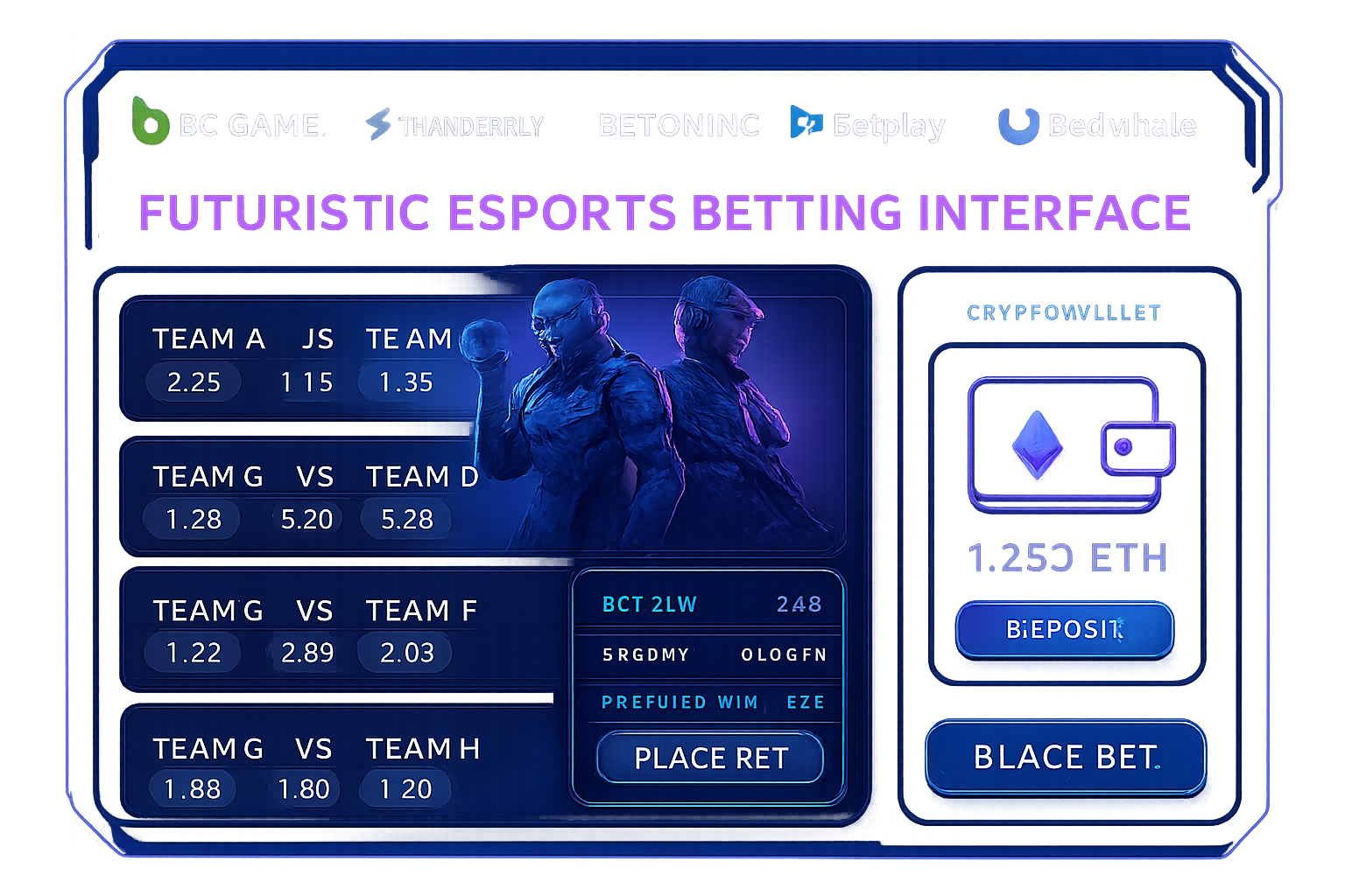 Futuristic esports betting platform interface with integrated crypto wallet, showcasing BC.Game, Thunderpick, BetOnline, Betplay, and BetWhale logos, digital betting dashboard, and esports visuals for 2025.