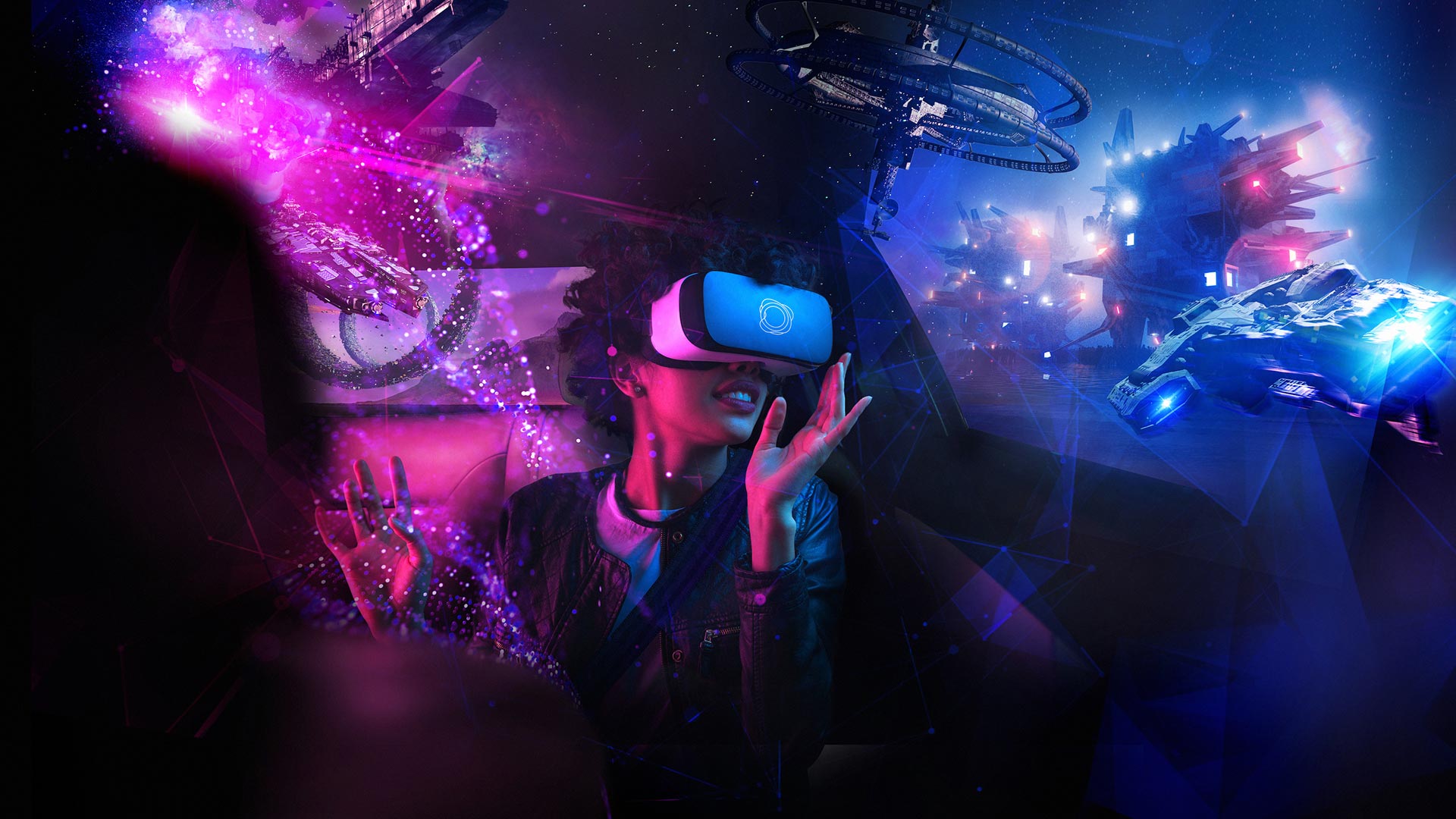 Futuristic gamer holding smartphone and laptop with NFTs floating between screens, representing cross-platform play-to-earn gaming on Unipoly.