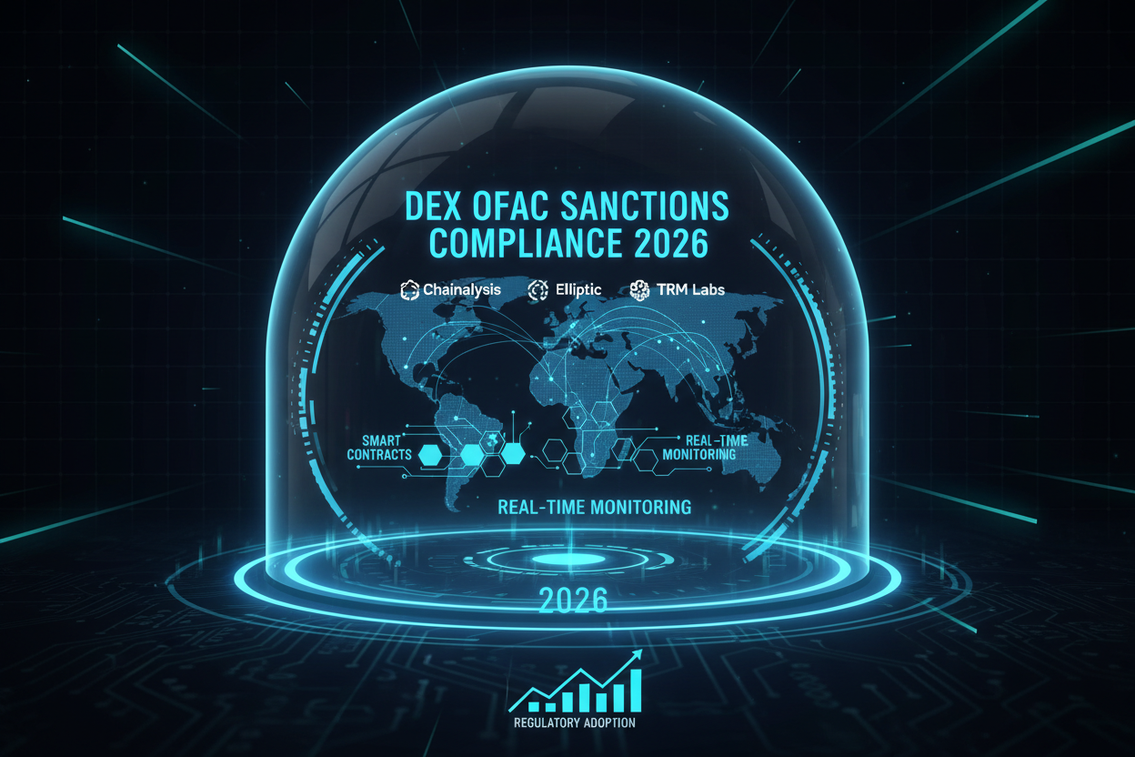 Futuristic geofencing shield blocking sanctioned countries on DEX interface with OFAC logo and 2026 compliance trends, featuring top tools like DexComplianceKit, Sanctions.io, Chainalysis, TRM Labs, Elliptic, Scorechain, Notabene