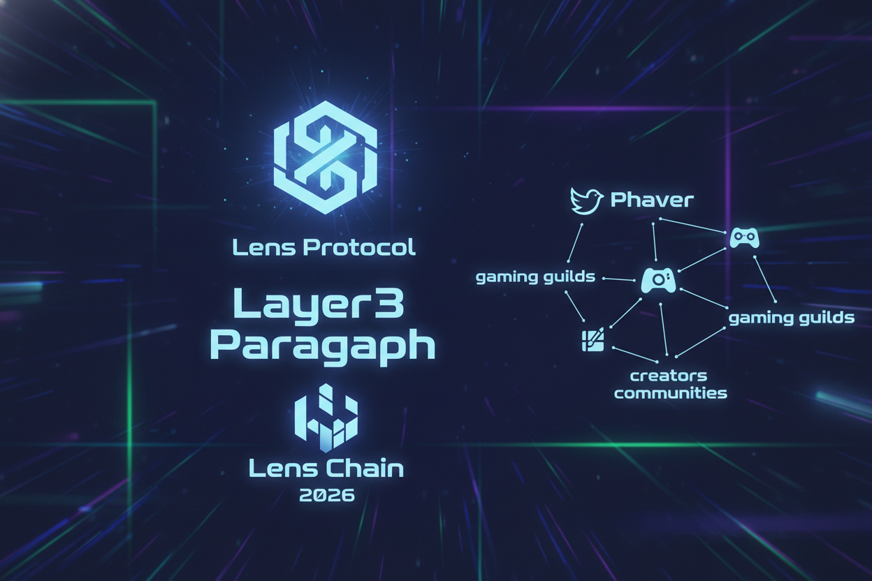 Futuristic graphic of 2026 Lens Protocol ecosystem on Lens Chain showcasing Layer3 gaming guilds, Paragraph creator economies, and Phaver local communities thriving