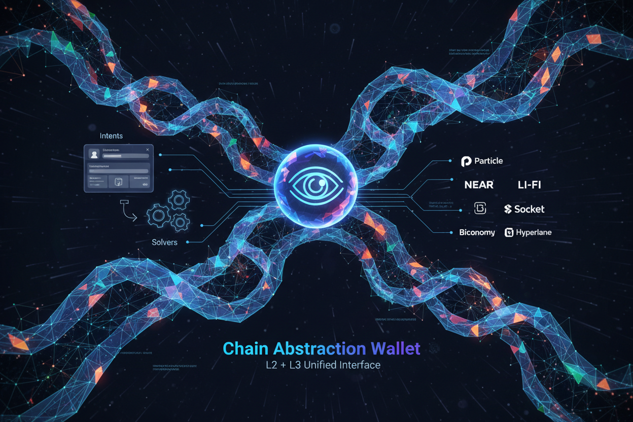 Futuristic illustration of unified wallet interface connecting L2 L3 chains via chain abstraction routers like Particle Network NEAR LI.FI Socket Across Biconomy Hyperlane with seamless intents solvers 2026