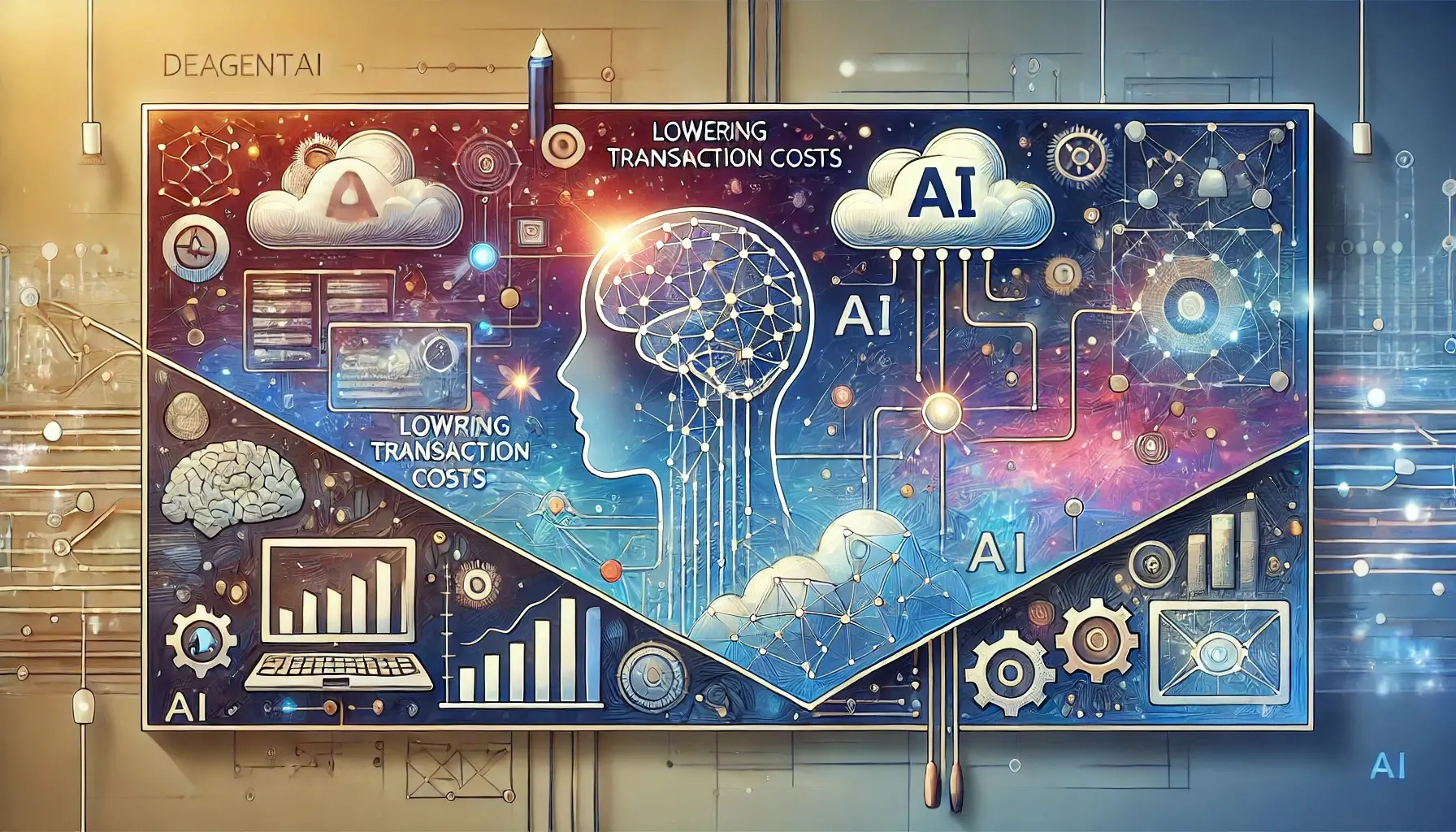 Futuristic illustration of AI agents executing sub-cent micropayments on a custom app-chain blockchain network with glowing digital transactions and interconnected nodes