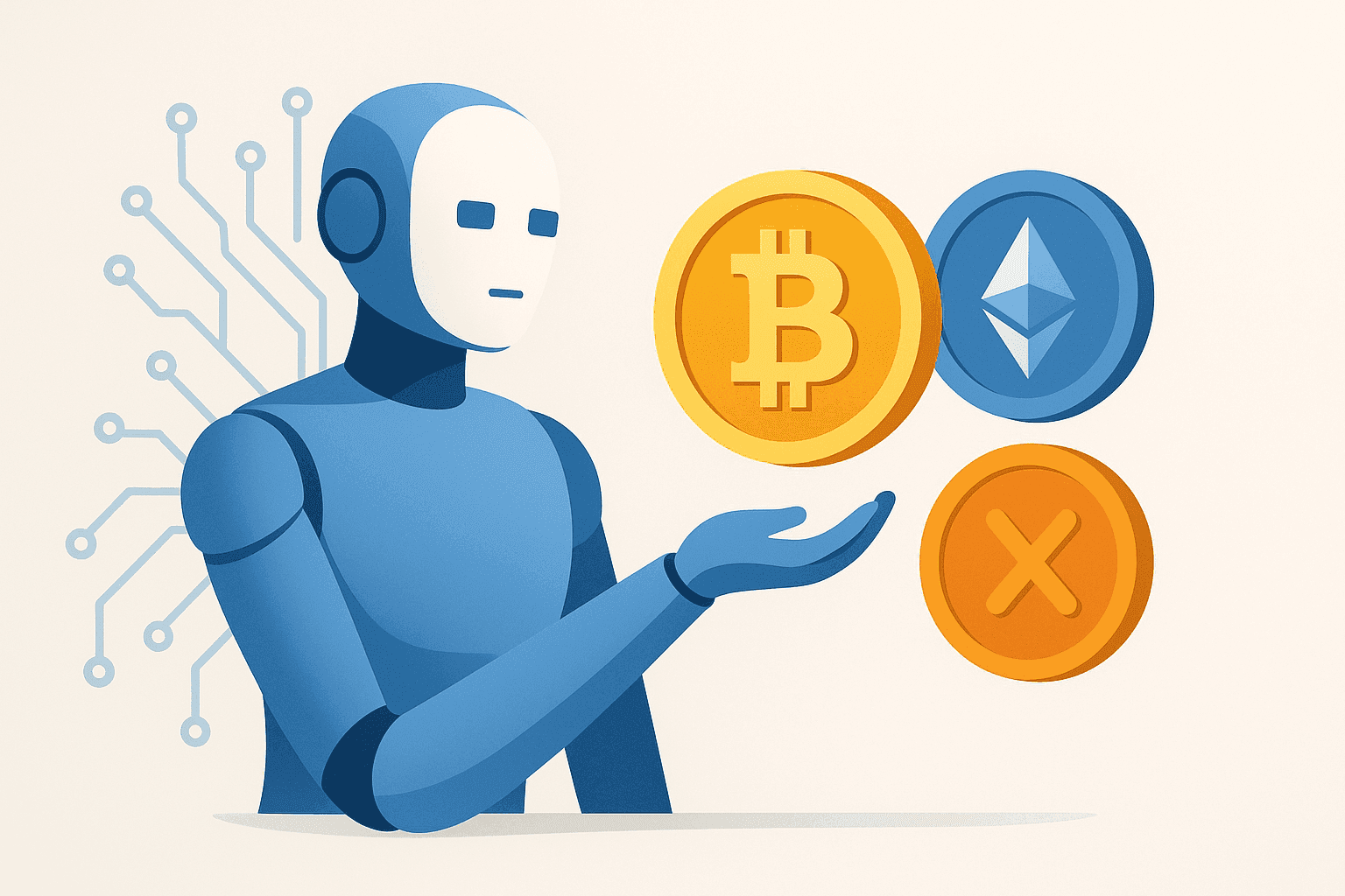 Futuristic illustration of an autonomous AI agent trading cryptocurrencies via a glowing digital wallet on Base network