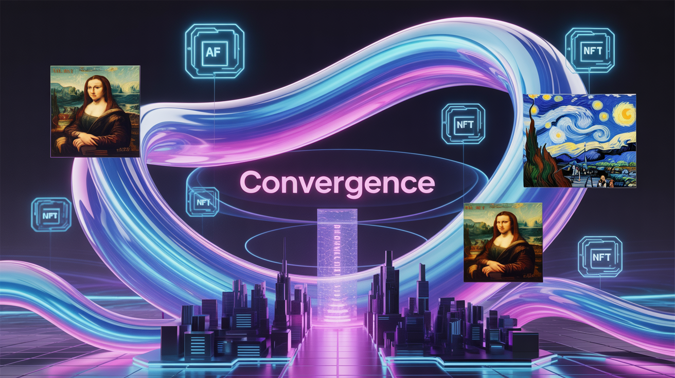 Futuristic illustration of interconnected blockchain nodes linking AI datasets with flowing royalty streams and glowing NFT icons, symbolizing on-chain marketplaces for AI fine-tuning and perpetual royalties