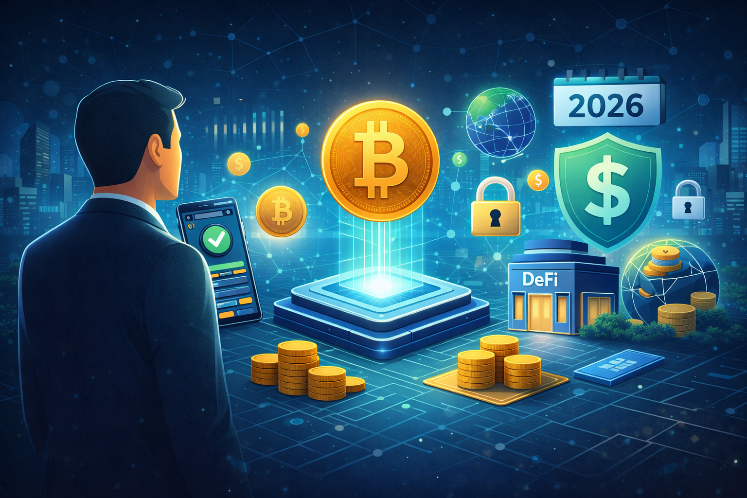 Futuristic blockchain shield protecting DeFi wallet with KYC attestation icons, illustrating onchain privacy-preserving identity for Web3 DeFi allowlists