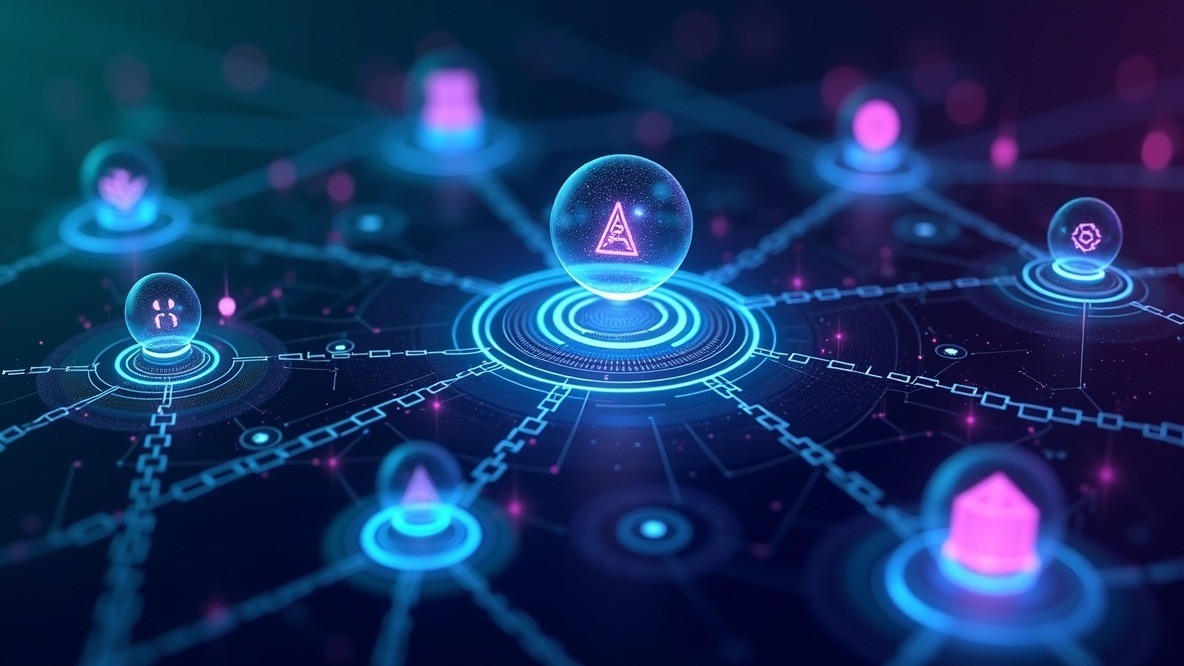 Futuristic illustration of top on-chain crypto neobanks 2026 like Aave, Sky MakerDAO, Lido Finance, Spark Protocol, Morpho Blue, Compound, Ethena, Pendle, Maple Finance, Centrifuge managing massive TVL on decentralized blockchain networks without physical branches