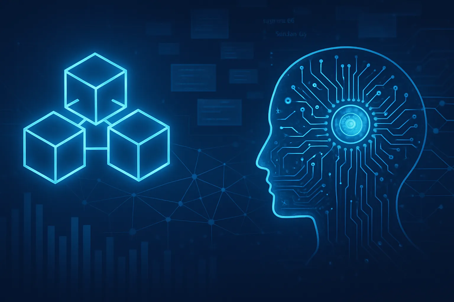 Futuristic illustration of decentralized nodes in federated learning connected by glowing zero-knowledge proof chains verifying data ranges for privacy-preserving AI training