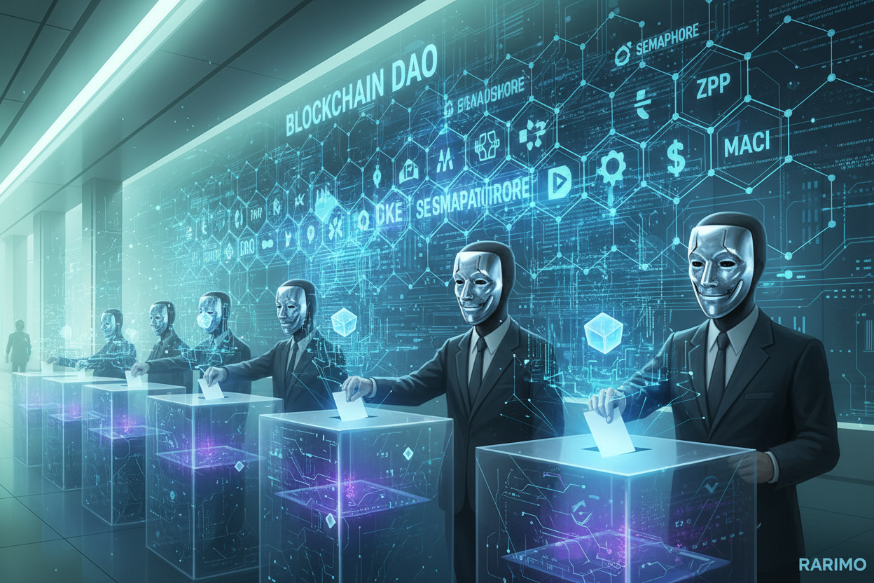 Futuristic illustration of masked anonymous voters casting private ballots in glowing blockchain DAO network with ZKP tools like Freedom Tool, Rarimo, Semaphore, MACI, Lit Protocol for 2026 governance