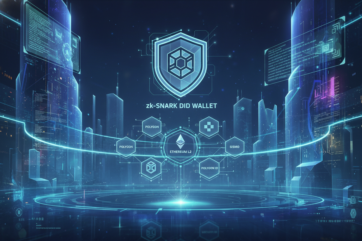 Futuristic illustration of zk-SNARK proofs securing decentralized identity (DID) wallets on Ethereum L2 chains like Polygon, Arbitrum, Optimism, and ZKSync, featuring projects such as Polygon ID, Sismo, Reclaim Protocol, and Semaphore for 2026