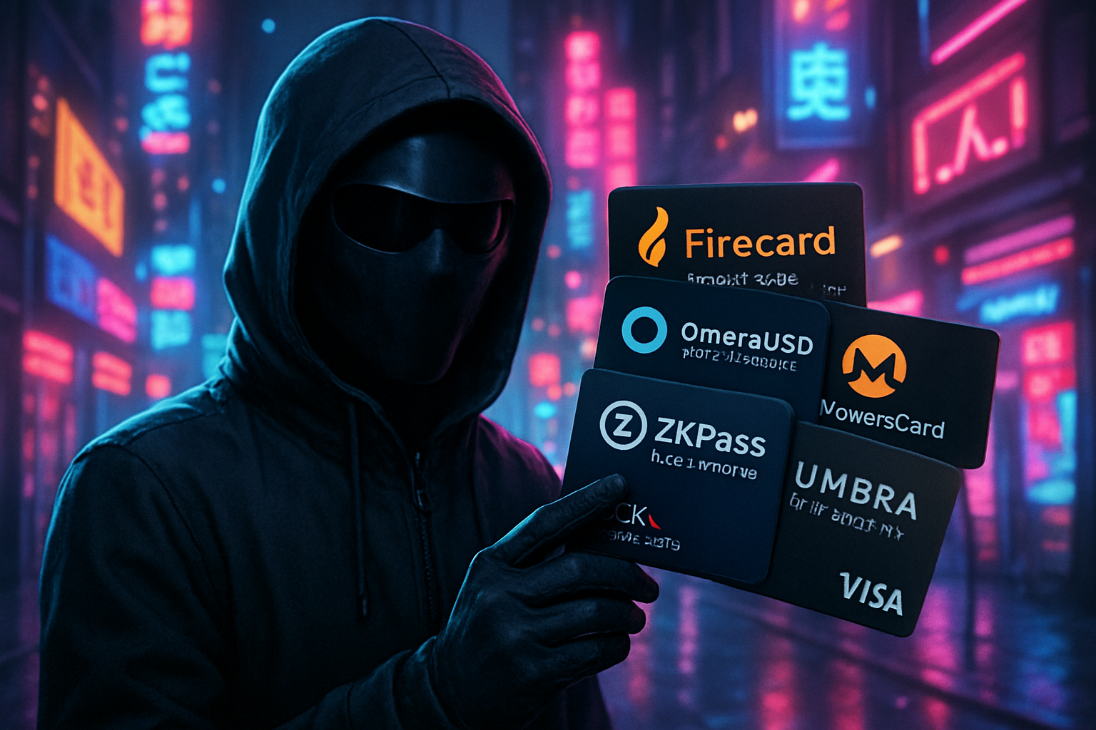Futuristic masked user holding a sleek crypto credit card in a neon-lit city, representing top no-KYC crypto cards like Firecard Privacy Card, OmneraUSD Anonymous Card, MoneroCard, ZKPass Zcash Credit Card, and Umbra StealthPay Visa for anonymous spending in 2025.
