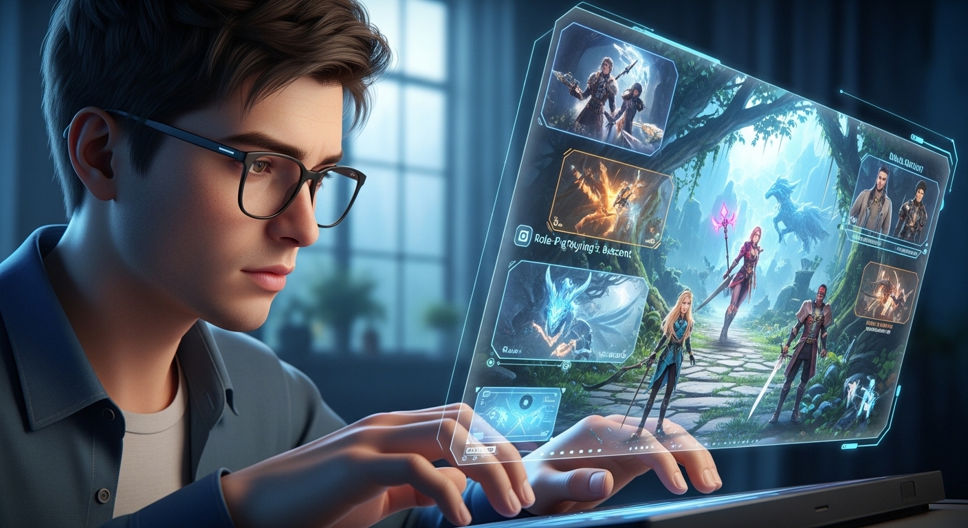 Futuristic multiplayer game lobby in 2025 with AI-driven NPCs collaborating with human players, showcasing advanced AI-native game engine technology