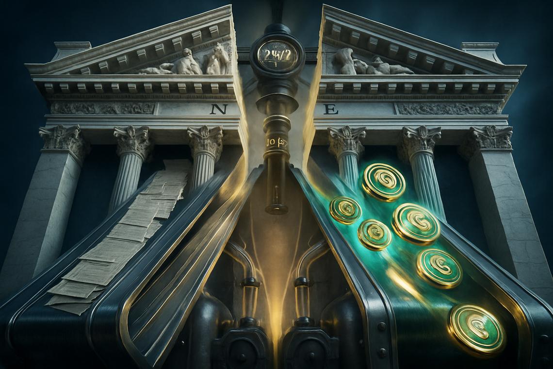 Futuristic NYSE blockchain platform for 24/7 tokenized stocks and ETFs trading with glowing continuous trading lights, instant settlement icons, and digital token representations