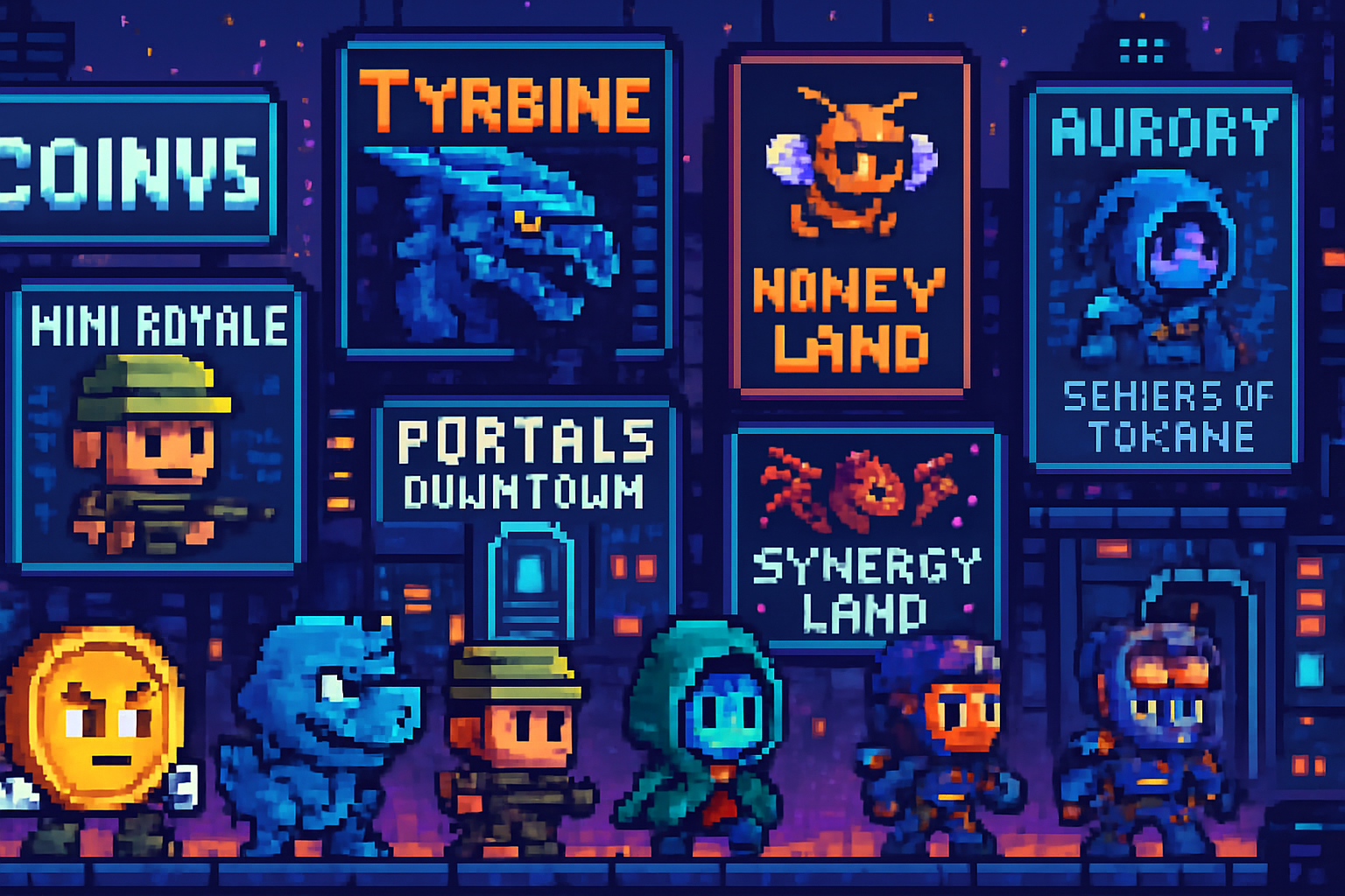 Futuristic pixel art scene from an indie Solana game featuring elements inspired by CoinVs, Tyrbine, Mini Royale: Nations, Honeyland, Portals: Downtown, Synergy Land, and Aurory: Seekers of Tokane, highlighting the diversity of Solana indie games in 2025.