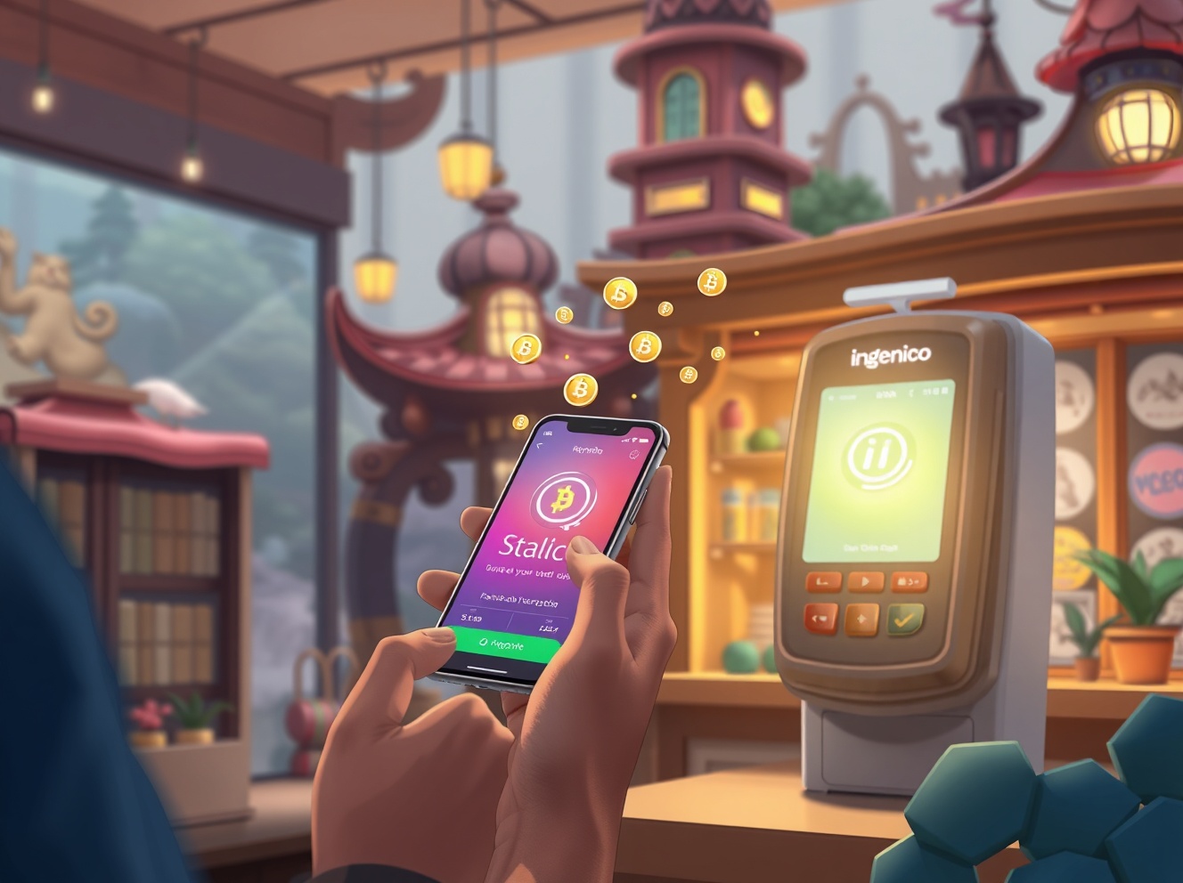 Futuristic retail scene with customers scanning personalized tokenized rewards on blockchain-enabled mobile apps in a modern 2026 store