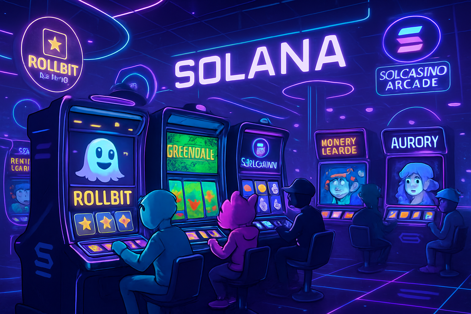 Futuristic Solana arcade floor with digital slot machines, avatars playing, and visual references to Rollbit Casino, Greendale, Solcasino, BattleFrens, MonkeyLeague, Solcasino Arcade, and Aurory in a vibrant GameFi setting