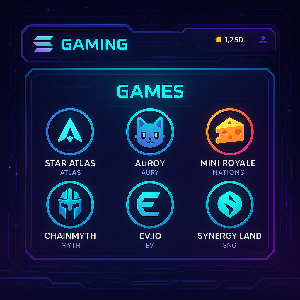 Futuristic Solana gaming dashboard featuring token icons for Star Atlas (ATLAS), Aurory (AURY), Mini Royale: Nations (CHEDDAR), ChainMyth (MYTH), EV.IO (EV), and Synergy Land (SNG)