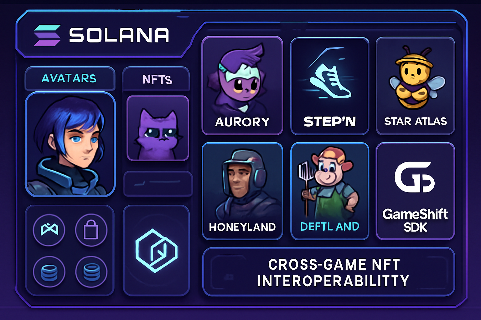 Futuristic Solana gaming dashboard featuring avatars, NFT assets, and top 2025 games like Aurory, STEPN, Star Atlas, and DeFi Land, with cross-game NFT interoperability visualized.