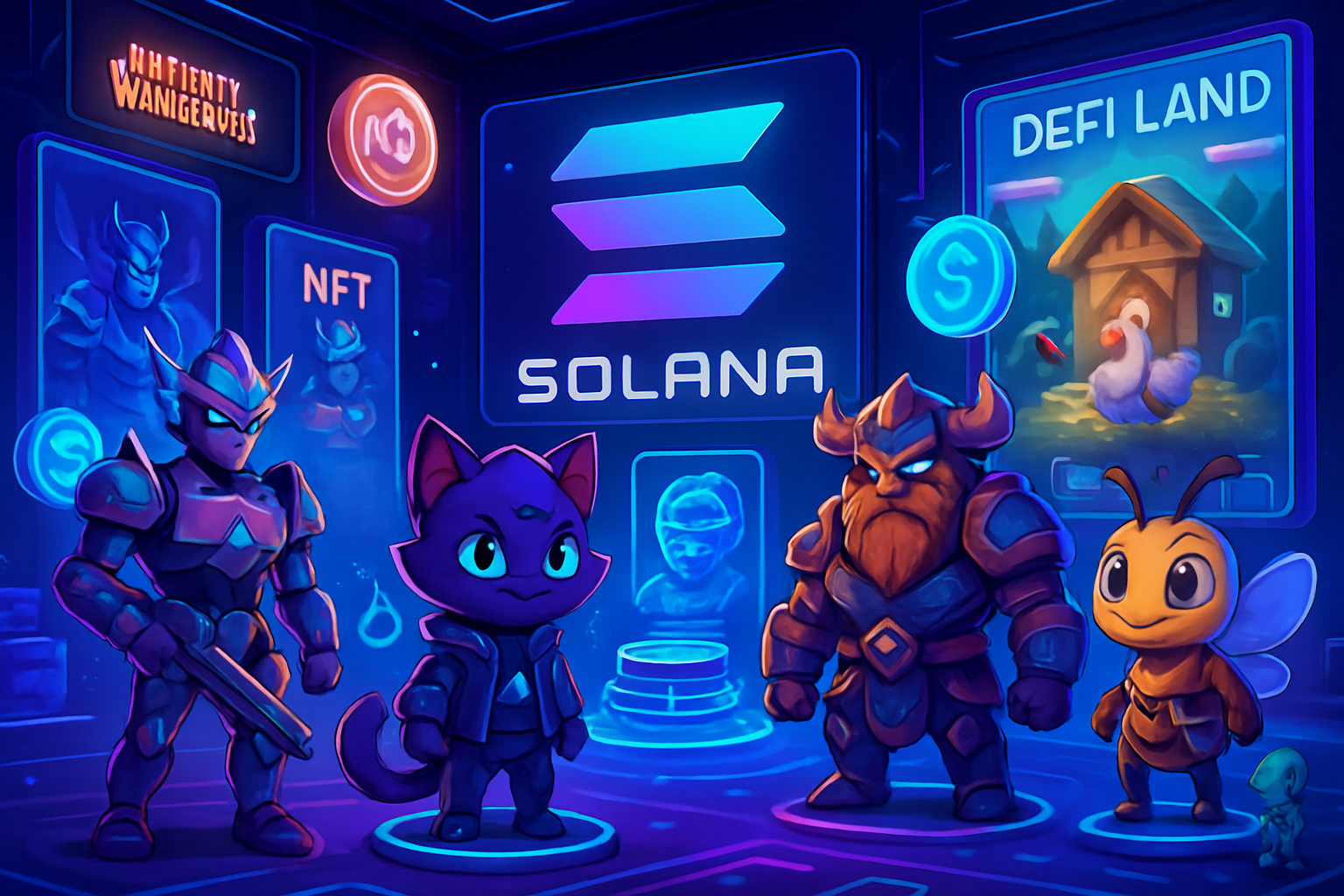Futuristic Solana gaming scene featuring avatars, NFTs, and digital tokens from top 2025 games like Aurory, Infinity Warlords, Honeyland, Crypto UFO, and DeFi Land.