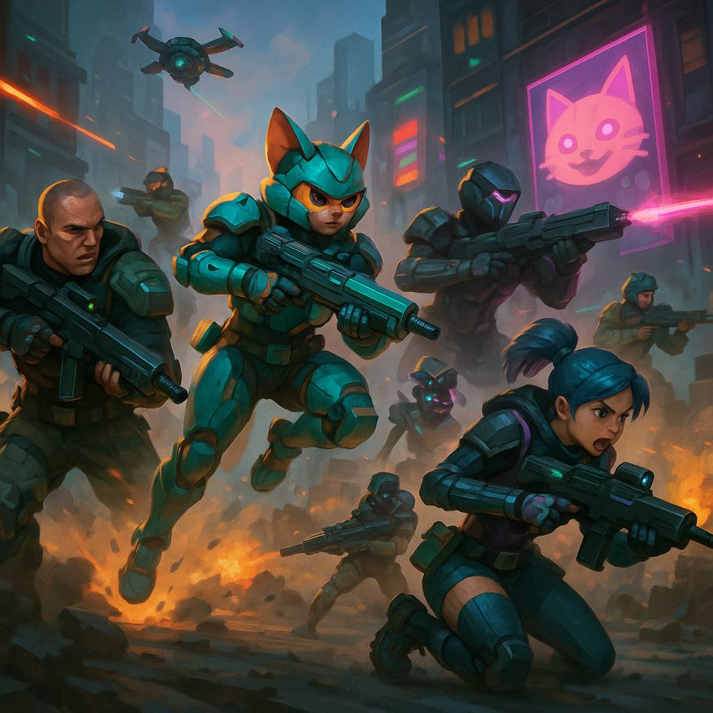 Futuristic battle scene featuring top Solana shooter games BR1: Infinite, Nyan Heroes, PlayEFAS, Star Atlas Ground Ops, Aurory Tactics PvP Shooter Mode, and Mini Royale Nations