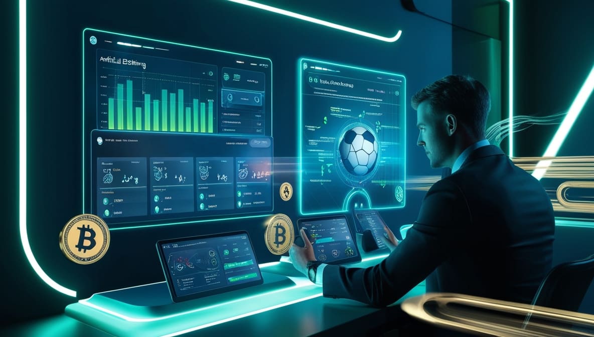 Futuristic sportsbook interface displaying blockchain ledgers and AI analytics for transparent sports betting platforms