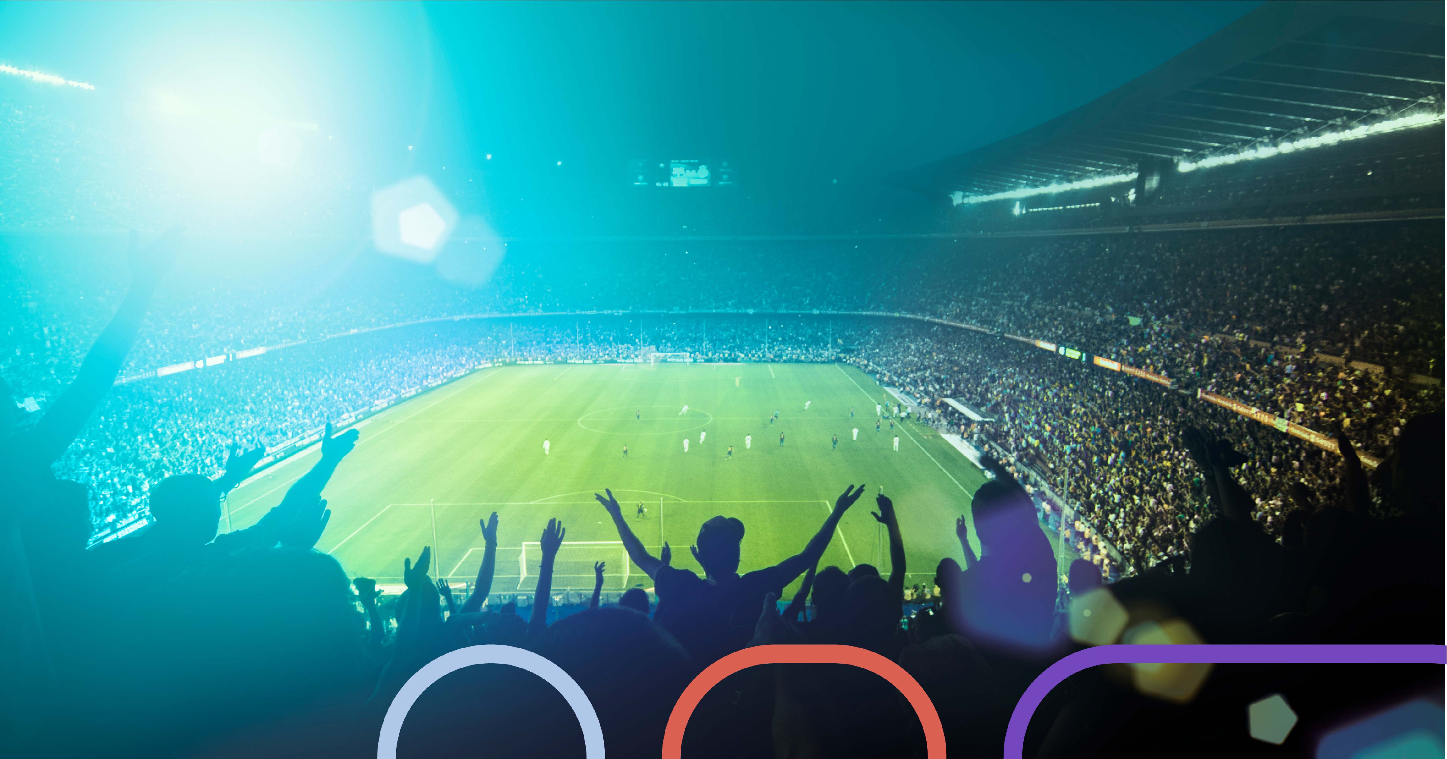 Futuristic stadium with digital fans engaging via mobile devices and blockchain technology