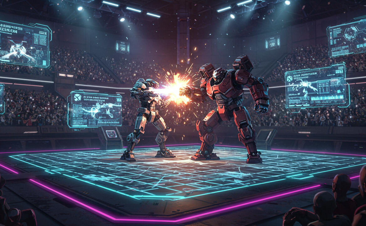 Futuristic blockchain-powered gaming arena with digital AI agents battling on a transparent arena floor, showcasing fairness and transparency in AI vs AI competitions.
