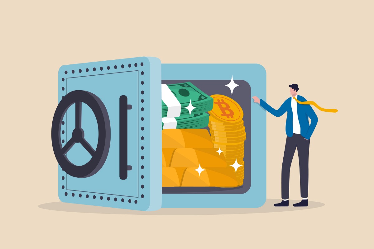 Futuristic vault filled with digital tokens and retirement icons representing tokenized 401(k) cryptocurrencies