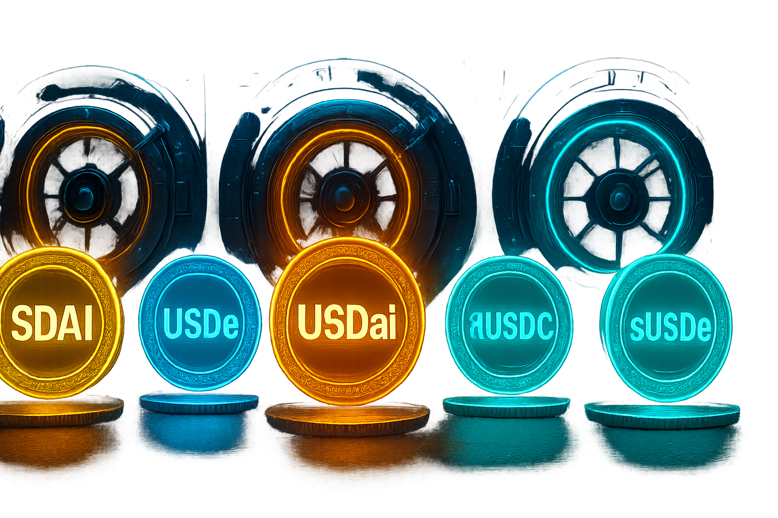 Futuristic vaults with glowing logos of sDAI, USDe, USDai, aUSDC, and sUSDe atop digital coin piles representing top yield-bearing stablecoins in 2024 DeFi.