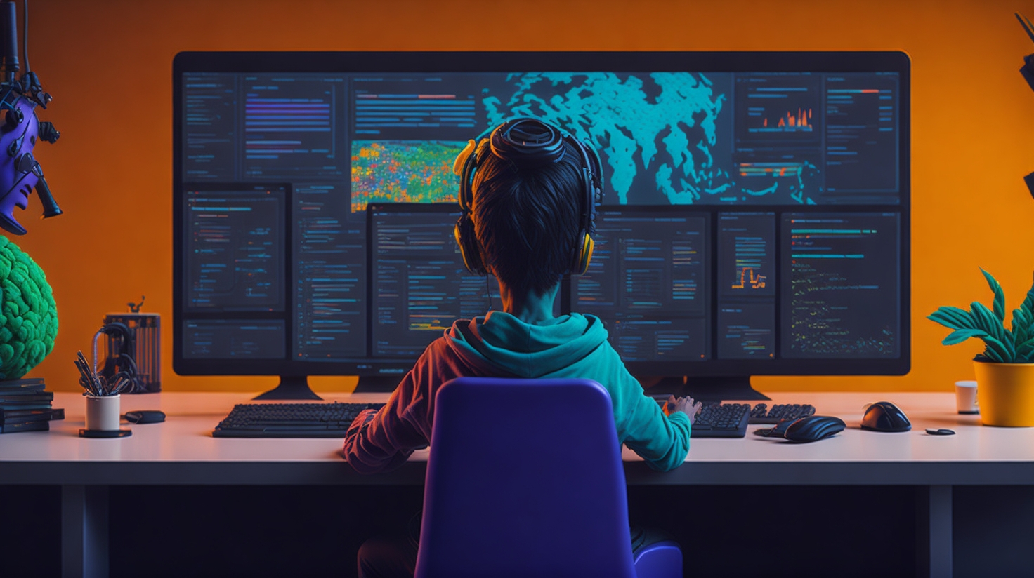 Futuristic developers collaborating in a digital world with blockchain nodes and on-chain game elements, representing MUD and Dojo frameworks in 2025.