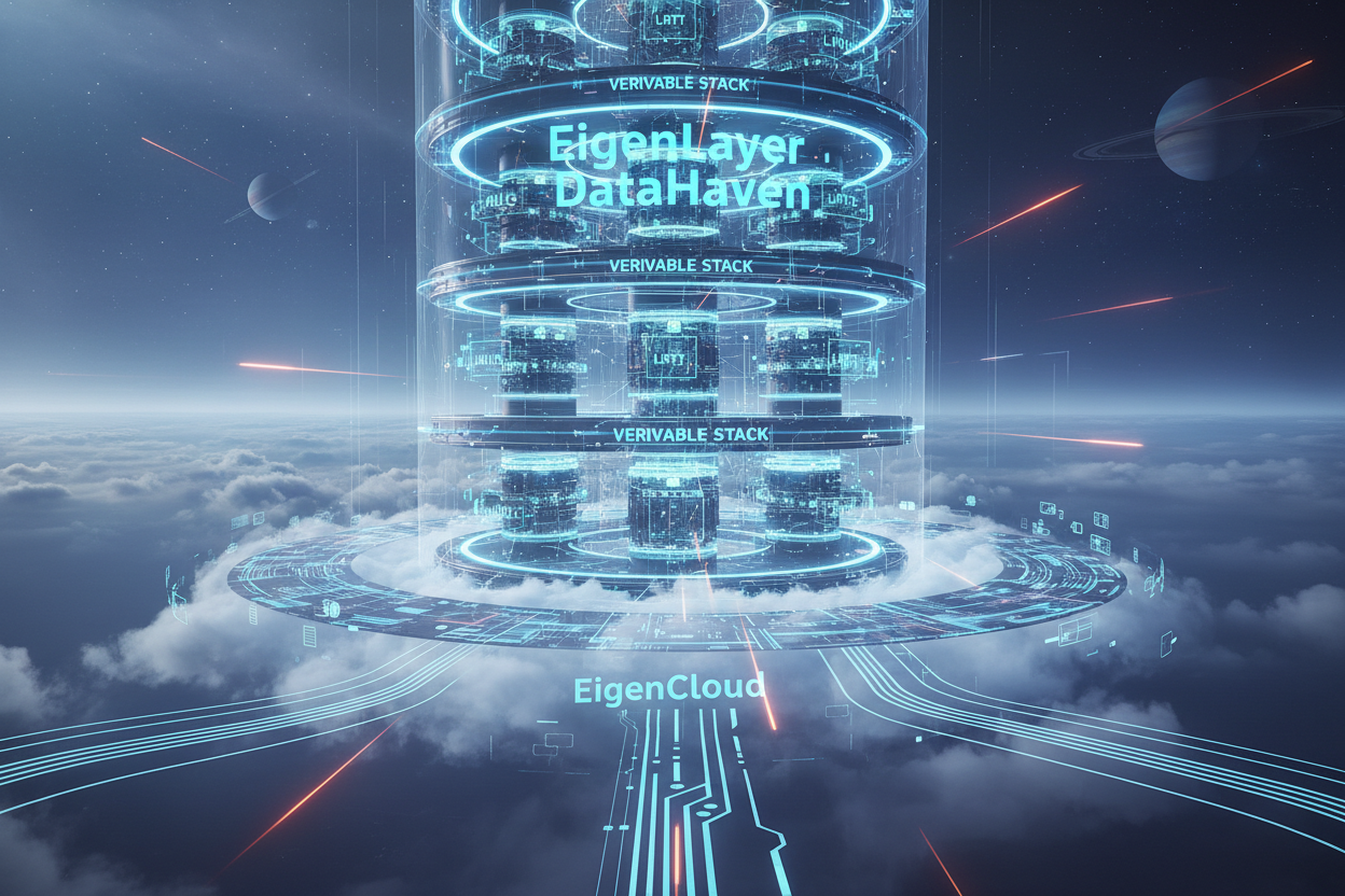 Futuristic visualization of EigenCloud DataHaven Verifiable Stack with auto-rotating LRT vaults on EigenLayer including EigenCloud Verifiable Compute Vault, DataHaven High-Throughput DA Vault, Fusion Auto-Rotator, WitnessChain AI Balancer, and Verifiable Stack Optimizer for 2026 yields