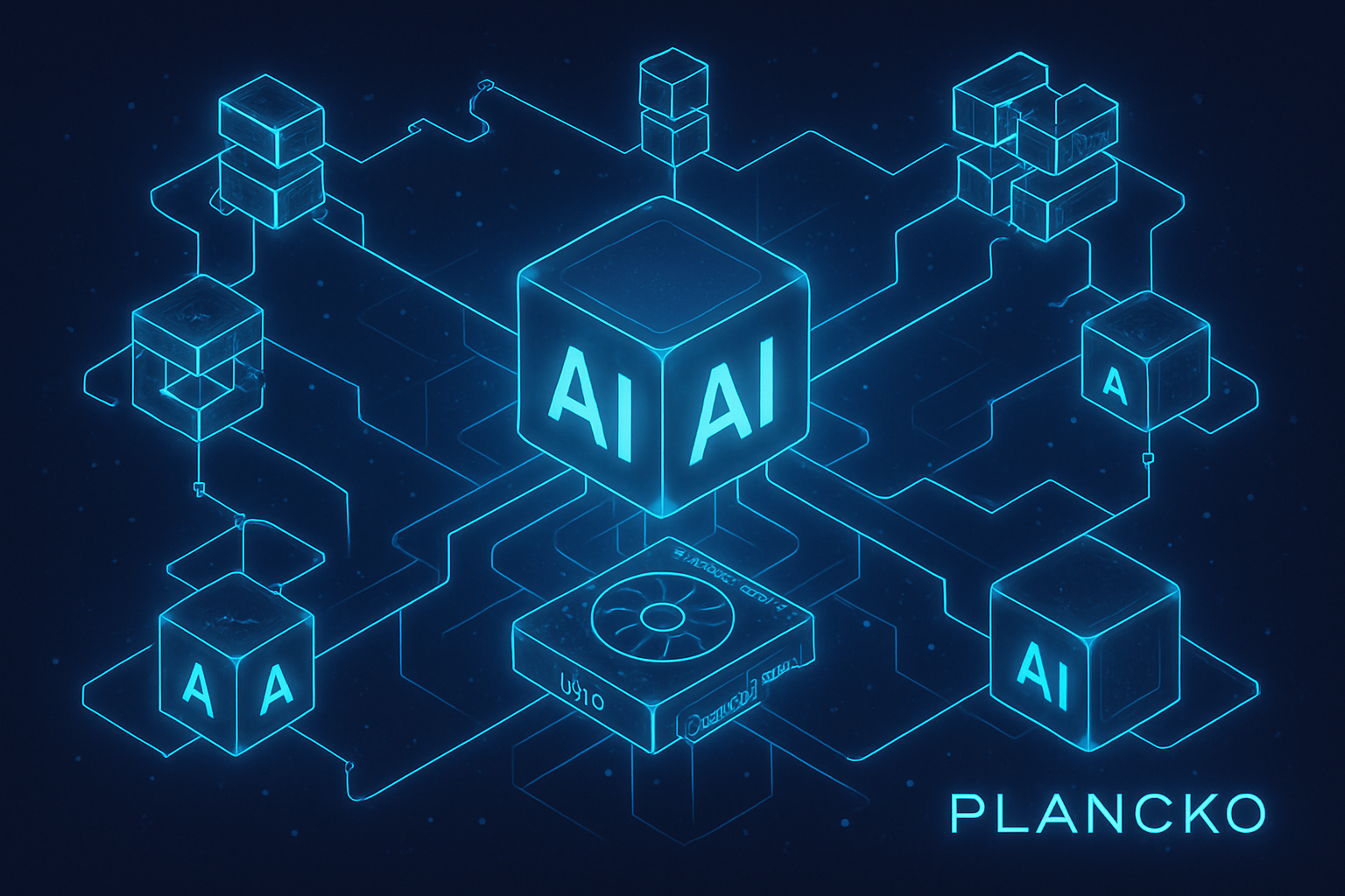 Futuristic visualization of interconnected AI blockchains sharing GPU resources in a decentralized network, representing Planck₀'s modular Layer-0 architecture for AI and DePIN chains.