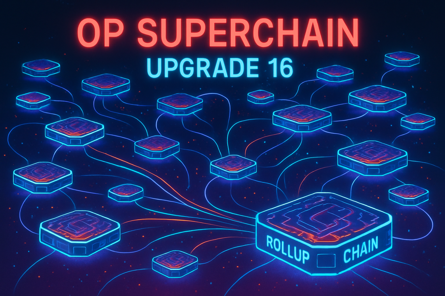 Futuristic visualization of interconnected OP Stack rollup chains in the Optimism Superchain, highlighting blockchain interoperability and scalability after Upgrade 16.