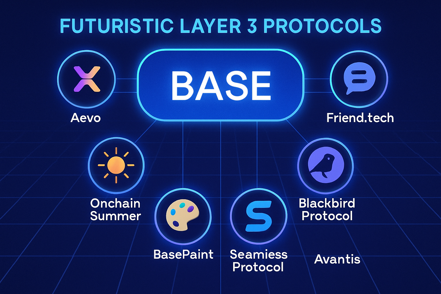 Futuristic visualization of top Layer 3 protocols like Aevo, Friend.tech, Onchain Summer, BasePaint, Blackbird Protocol, Seamless Protocol, and Avantis building on Coinbase's Base chain