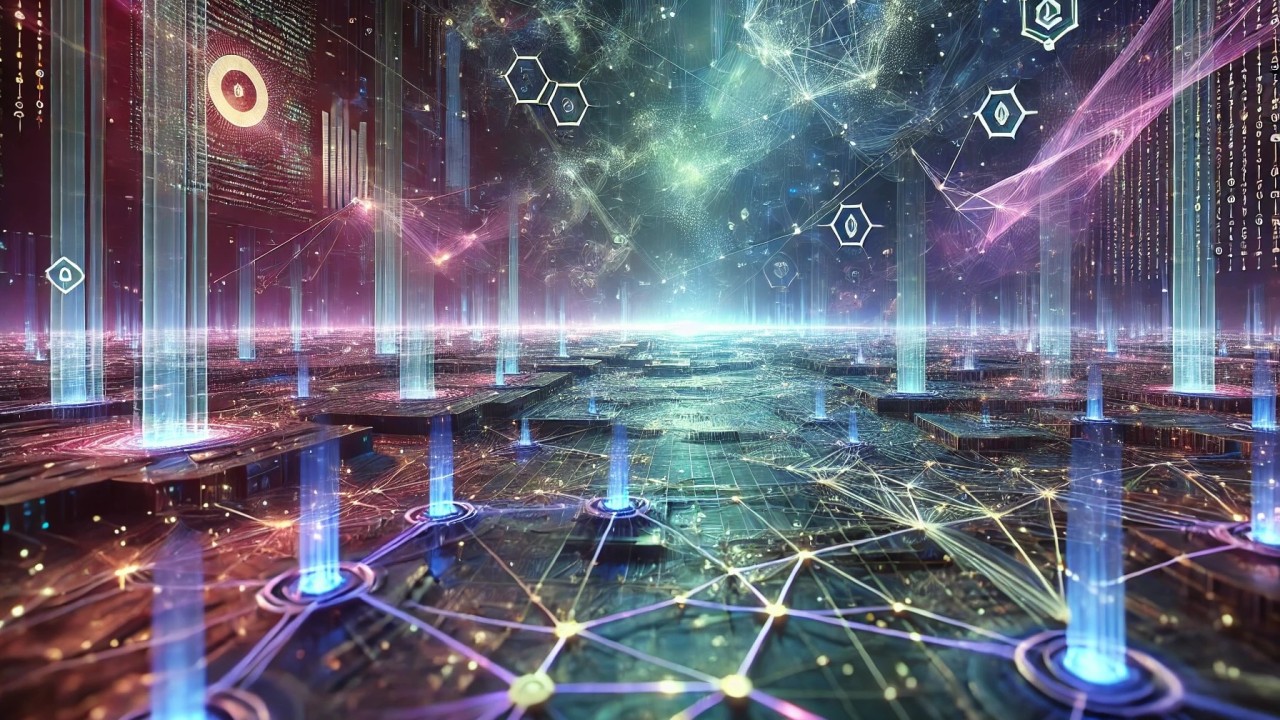 Futuristic Web3 gaming scene depicting oracle data streams dynamically integrating into blockchain smart contracts for real-time event-driven gameplay