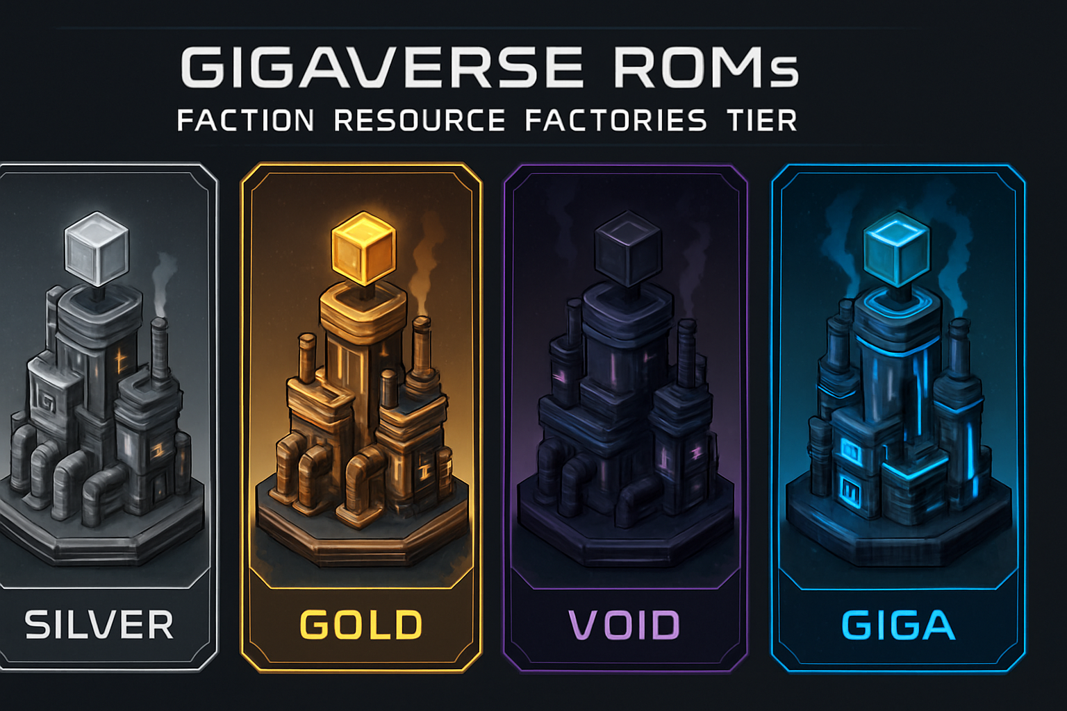 Gigaverse ROMs NFT artwork showcasing faction-specific resource factories in Silver, Gold, Void, and Giga tiers for Web3 gaming economy
