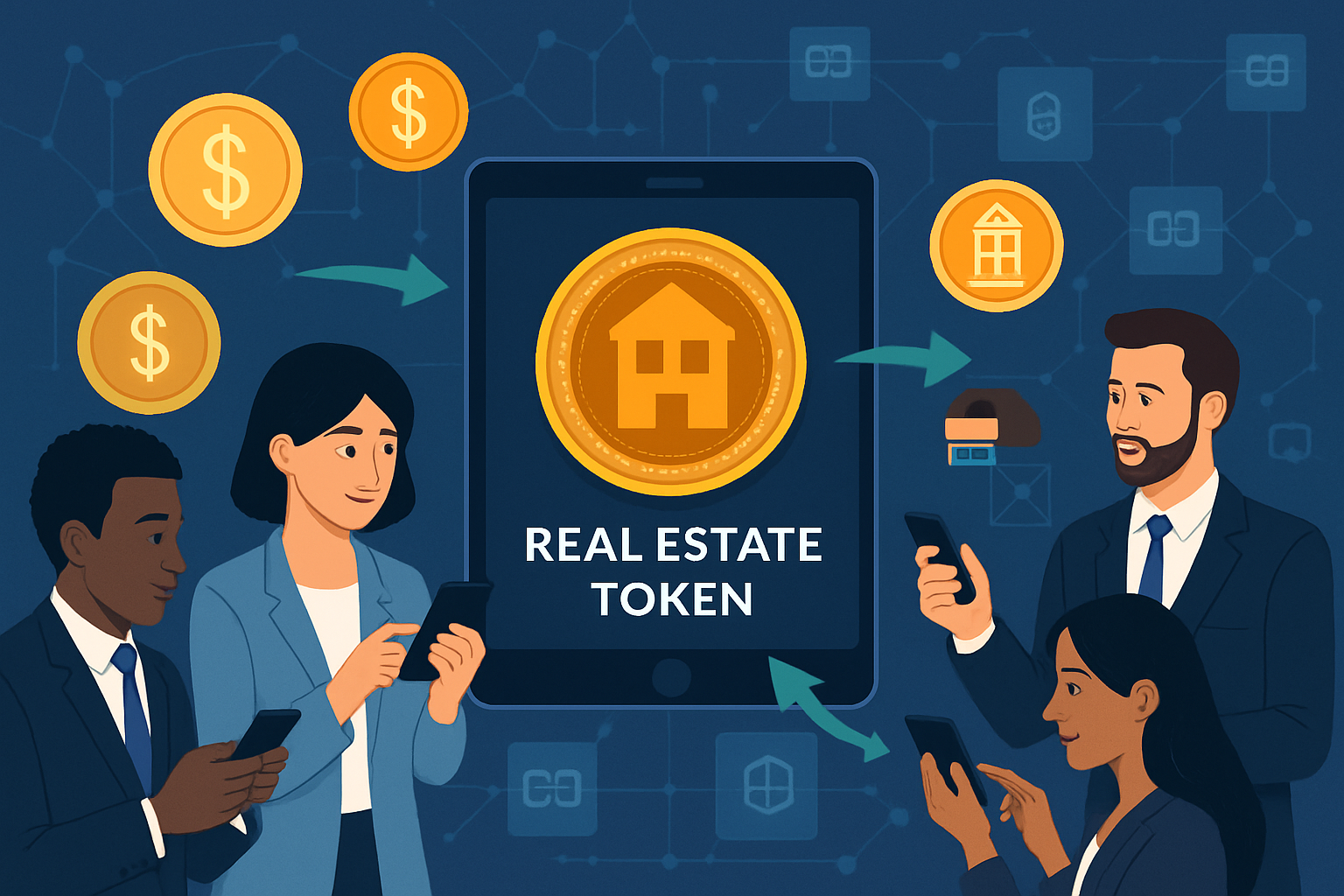 Global investors trading real estate tokens on a digital platform, representing fractional property ownership and blockchain technology