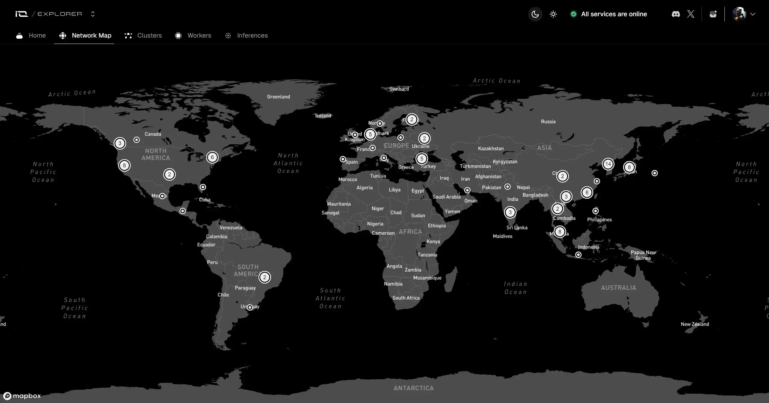 Global world map highlighting idle GPUs worldwide contributing to DeepNodeAI's decentralized DePIN network for AI inference and PoWR rewards
