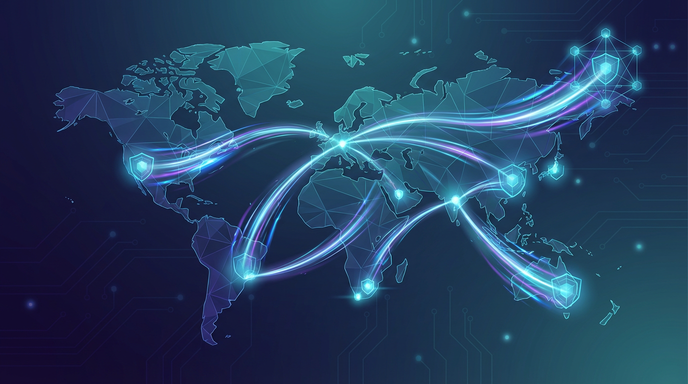 Global world map illustrating instant stablecoin escrow flows between international B2B suppliers and buyers, highlighting cross-border payments efficiency, reduced fees, and rapid settlement in 2025 trade