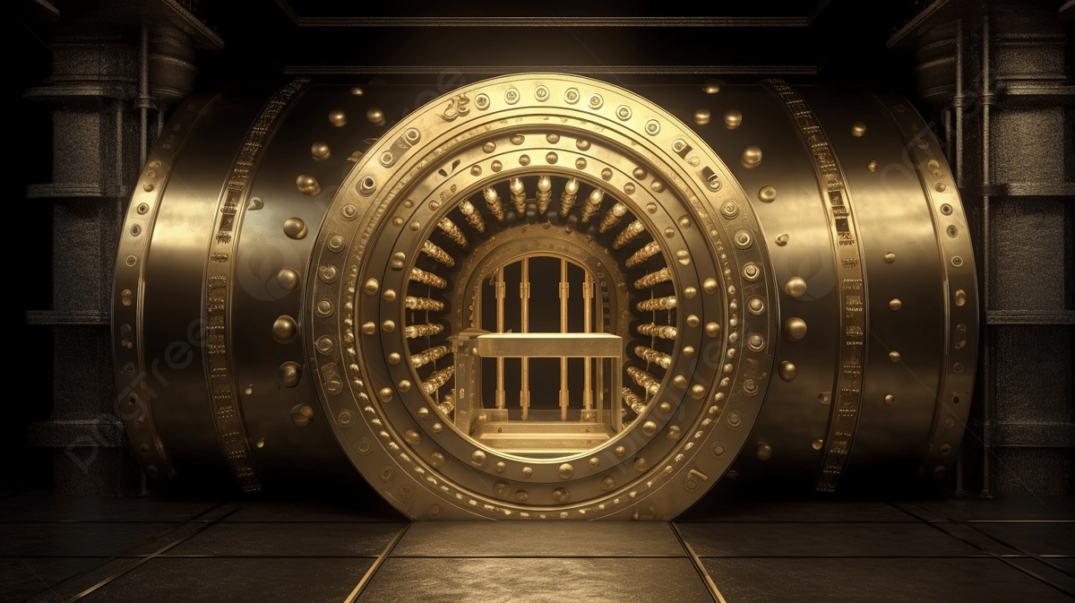 Gold bars stacked in a secure vault with digital blockchain graphics overlay, representing tokenized gold investments on blockchain technology.
