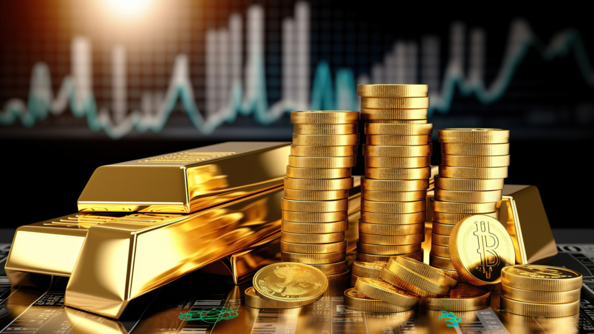 Gold tokens representing digital assets on a blockchain network background, highlighting global 24/7 accessibility and liquidity