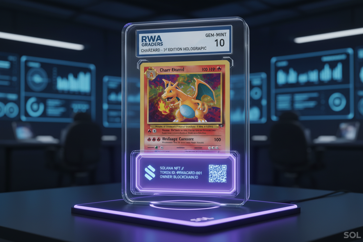 Graded Pokémon card slab beside glowing Solana blockchain NFT, symbolizing real-world asset tokenization on TCGOnChain platform