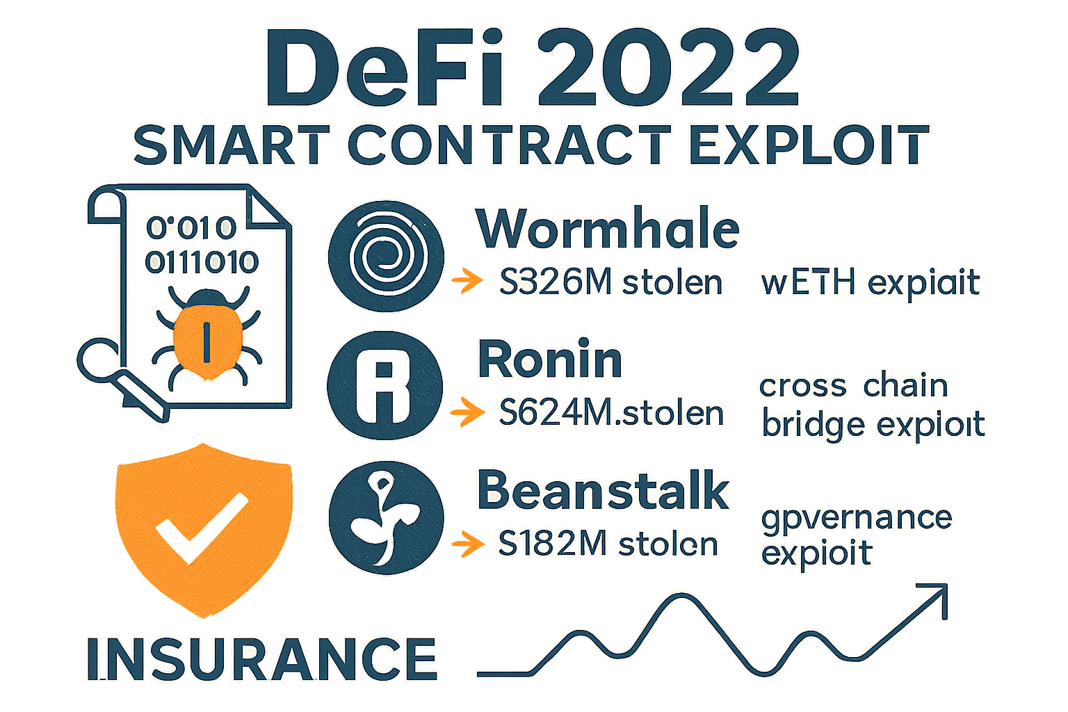 Infographic illustrating the scale of major DeFi smart contract exploits in 2022, featuring Wormhole Bridge, Ronin Network, and Beanstalk Farms hacks with visual emphasis on losses and insurance responses.