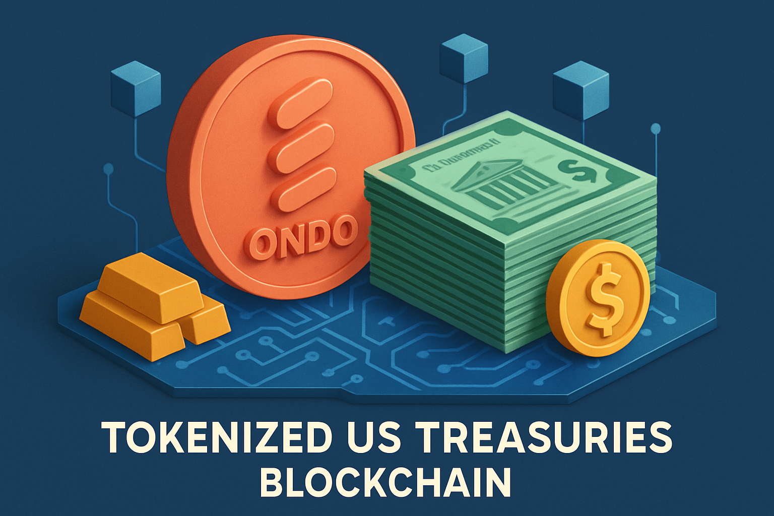 Conceptual digital illustration of tokenized U.S. Treasuries growth for DAO treasuries TVL reaching $9.1B in 2025, representing stable yields and on-chain RWA adoption