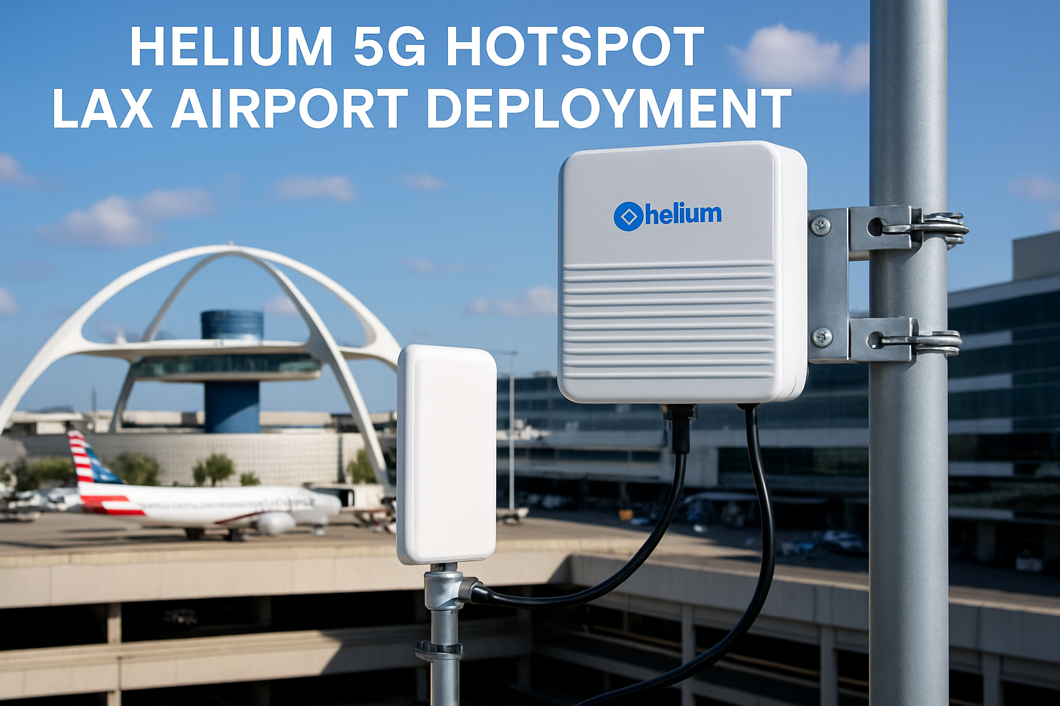 Helium 5G hotspot deployed at LAX airport terminal providing resilient IoT coverage amid dense traveler crowds in 2025