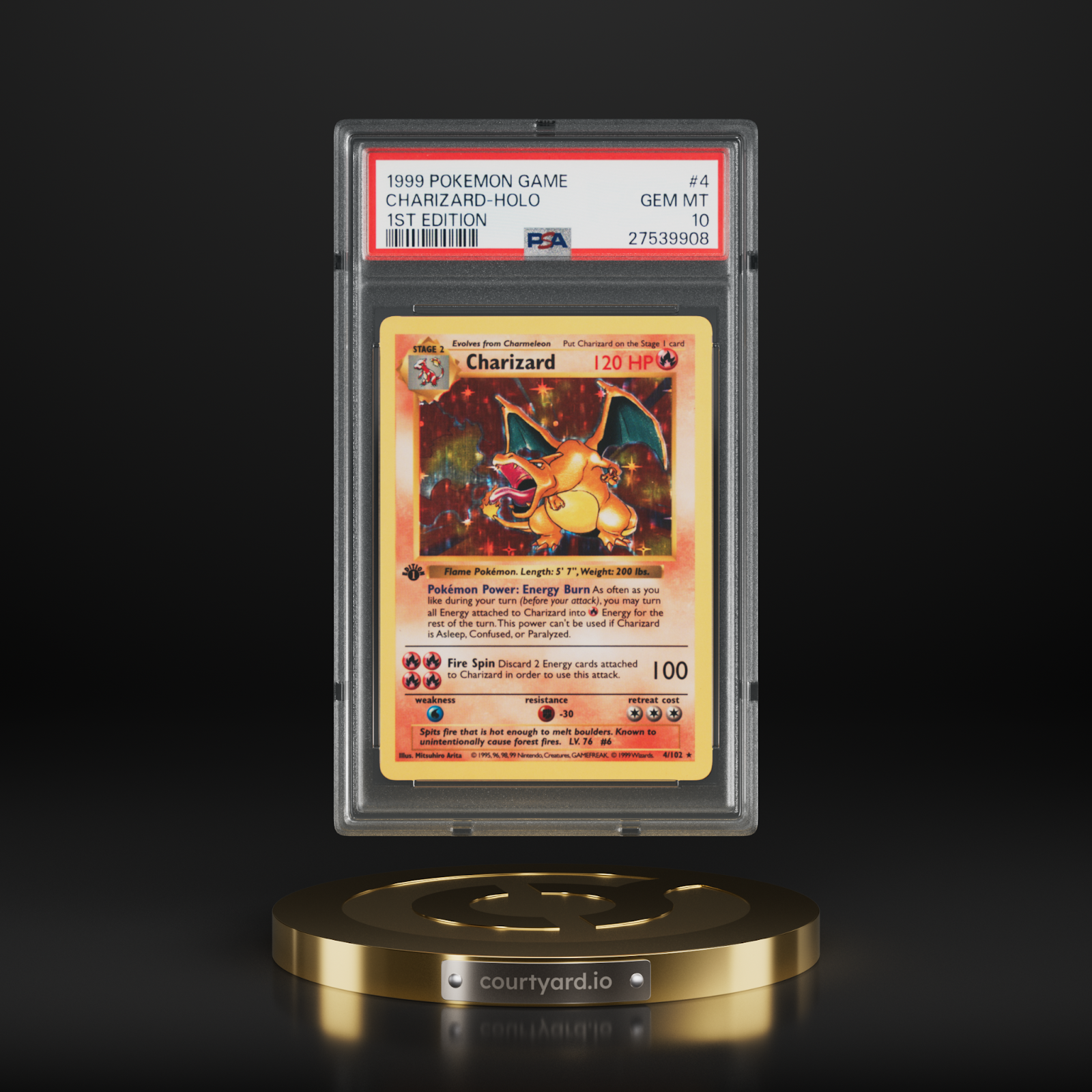 High-resolution PSA 10 graded Charizard Pokémon card alongside its tokenized NFT representation on TCGOnChain blockchain platform for RWA trading