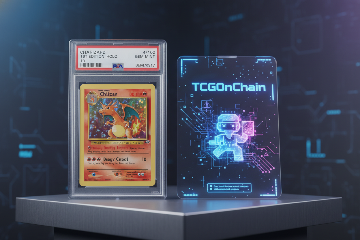 High-resolution PSA-graded Pokémon card slab displayed next to its tokenized NFT representation on TCGOnChain platform for secure RWA crypto trading