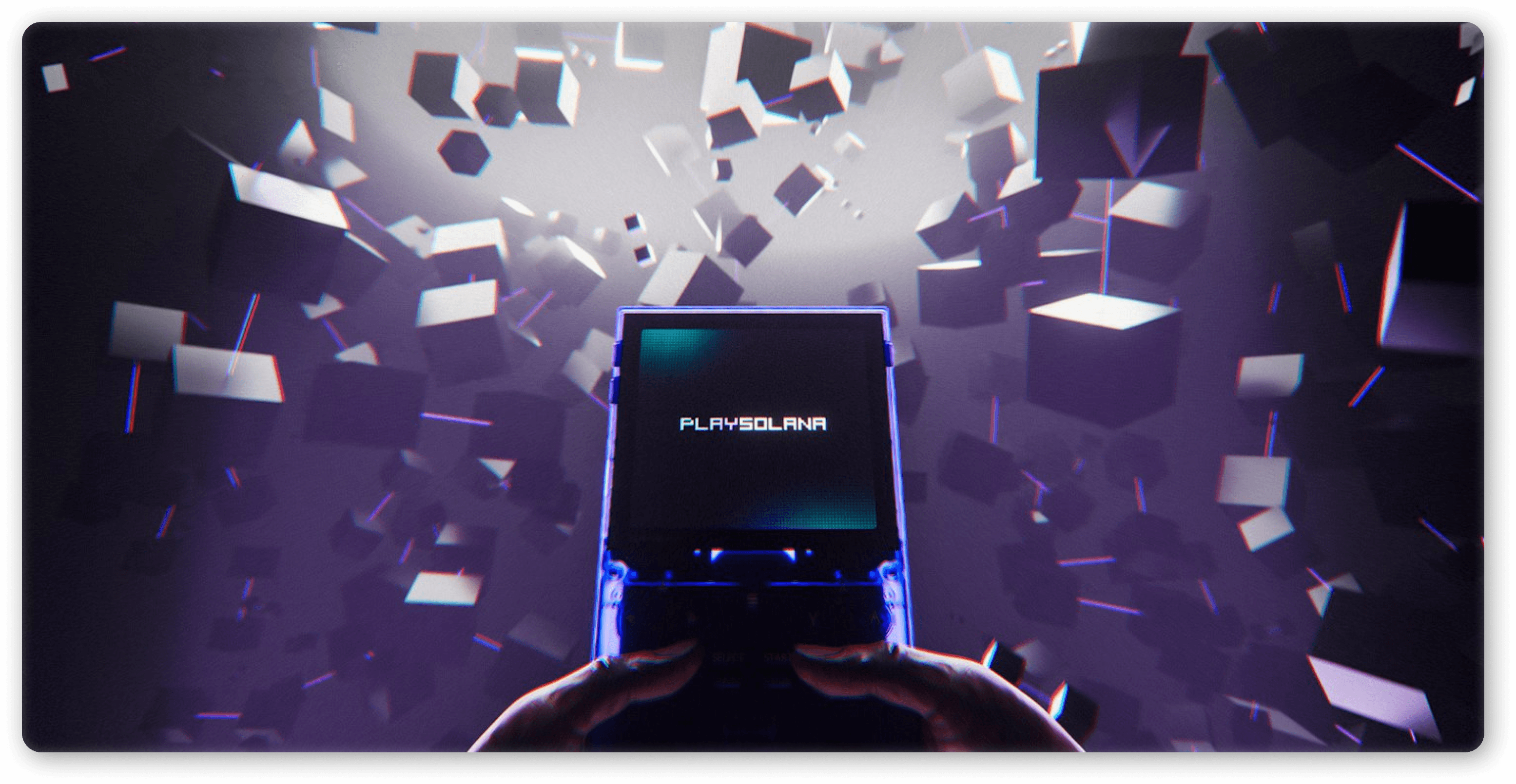 High-resolution close-up of Play Solana PSG1 handheld Web3 gaming console screen displaying blockchain game interface, NFT assets, and integrated hardware wallet features on Solana blockchain