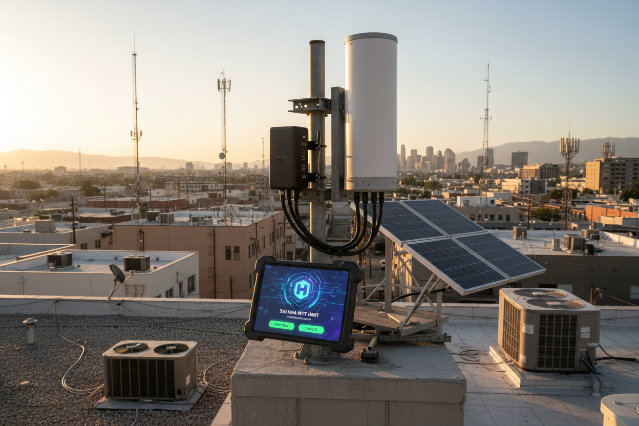 High-resolution photo of deployed Helium 5G outdoor hotspot on rooftop with Solana NFT mint confirmation screen for 2026 DePIN rewards setup guide