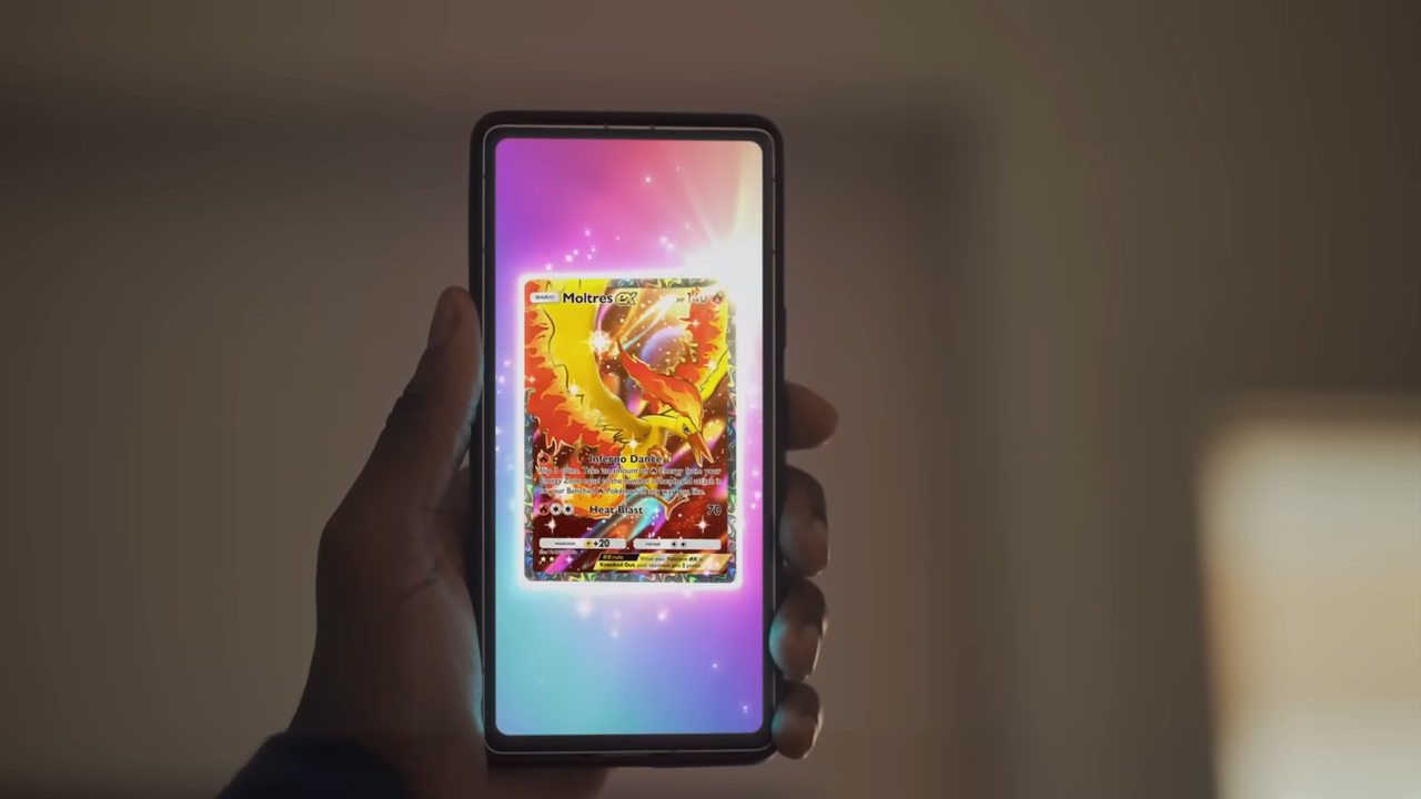 High-resolution scan of rare Pokémon and Magic: The Gathering cards next to a smartphone displaying an NFT marketplace interface